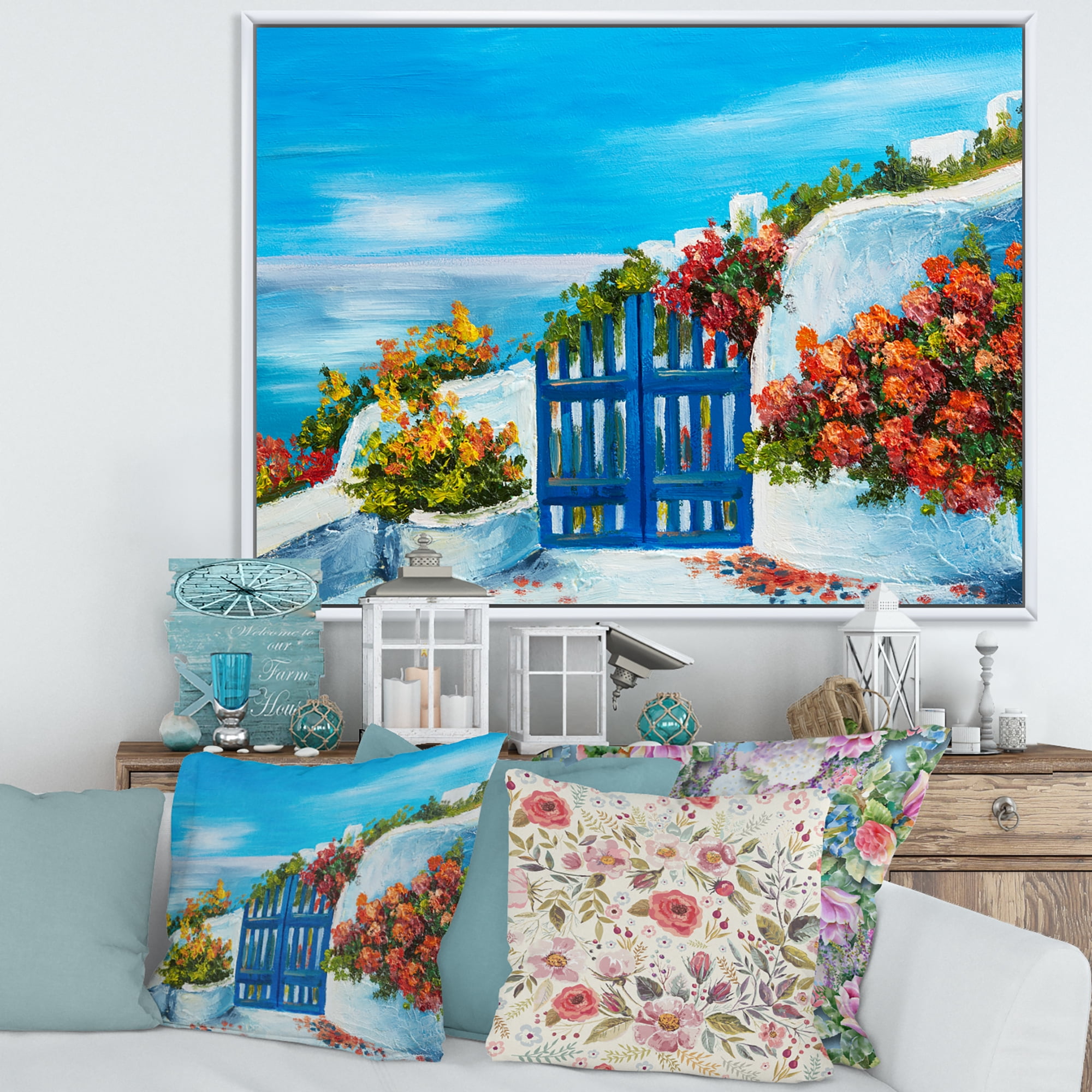 Designart 'House With Colorful Flowers Near The Sea III' Nautical & Coastal Framed Canvas Wall Art Print