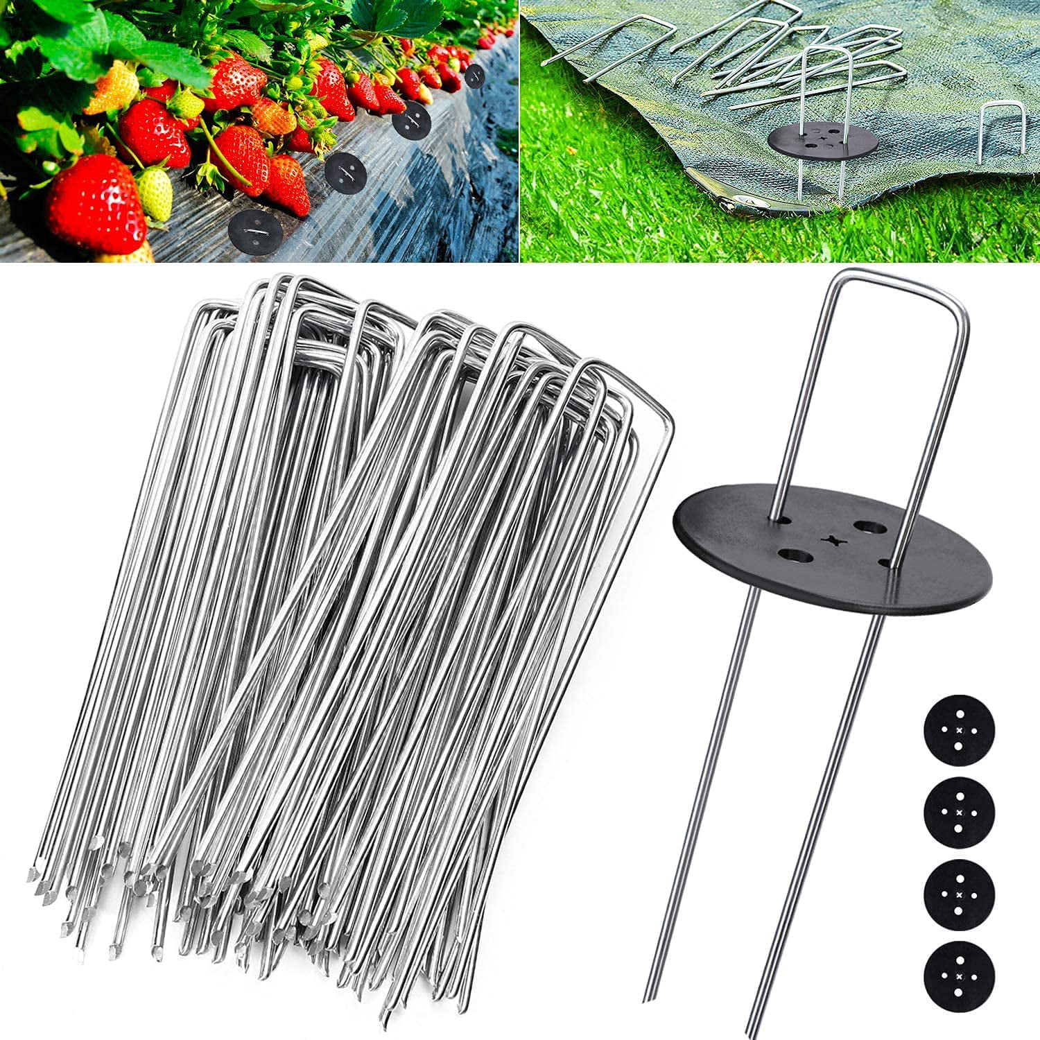 U Shape Garden Stakes 25 Sets Garden Landscape Staples Stakes Pins with Buffer Washer for Securing Fabric 2.5mm*15cm 