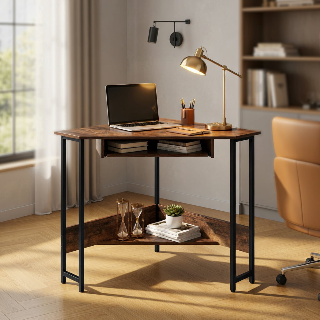 Yardi Yard Triangle Corner Desk with Charging Station Keyboard Tray and Storage Shelf-Rustic Brown, Computer Desk, Gaming Computer Desks for Study,Working,Writing