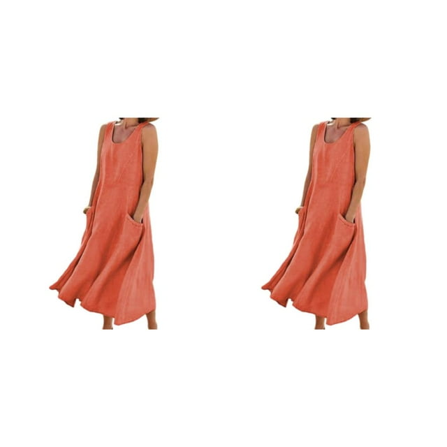 pitrice Femmes Été Coton Lin Robe Sans Manches Col Rond Boho Style Vintage Plage Couleur Unie en Vrac Kaftan Porter Tous les Jours Orange / M 2Set