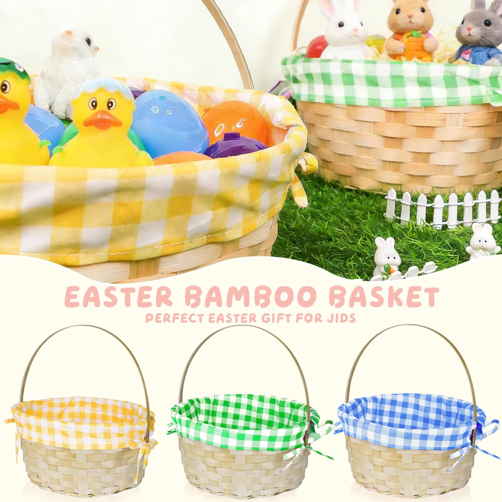 3 Easter Baskets With Plaid Lining And Handle Bunny Gifts For Egg Hunt  Party Filling Favors Spring Outdoor Activity Prizes
