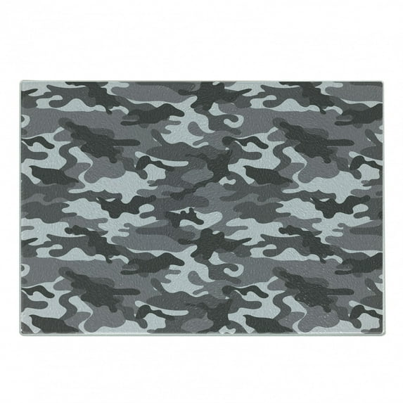 Camouflage Cutting Board, Monochrome Attire Pattern Camouflage Inside Vegetation Fashion Design Print, Decorative Tempered Glass Cutting and Serving Board, Small Size, Grey Coconut, by Ambesonne