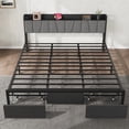 thumbnail image 7 of Upholstered Platform Bed Frame with Charging Station, Storage Drawers, Tall Headboard, Heavy Duty Steel Slats, No Box Spring Needed, Queen, Black, 7 of 7