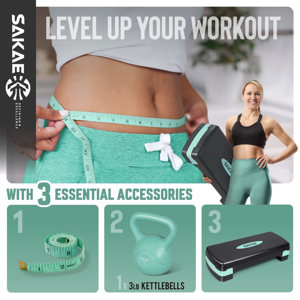 SAKAE Green Step Aerobics Platform Set with Kettlebell & Measuring Tape, Aerobic Steppers for Exercise at Home, Adjustable Height 2 Level Risers Workout Step Trainer with Non-Slip Surface