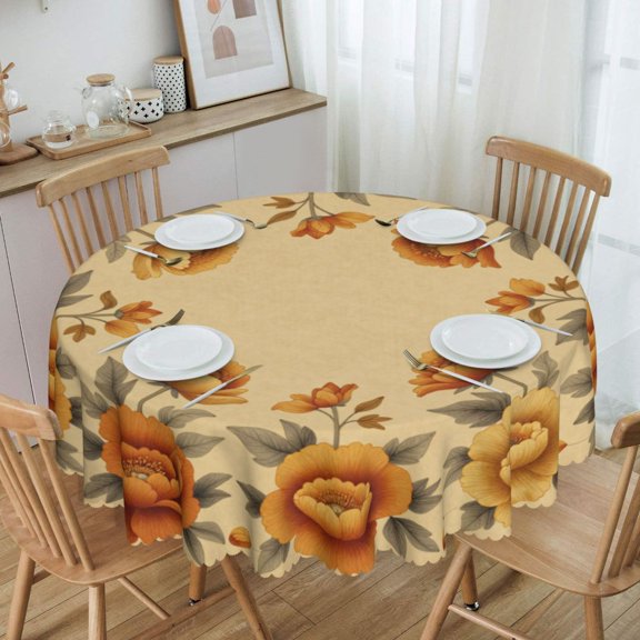 Beige Tone Rose Floral Wreath Round Tablecloth Waterproof Oil Proof Spill Proof Table Cloth 70" for Camping, Dining, Indoor and Outdoor Table Cover