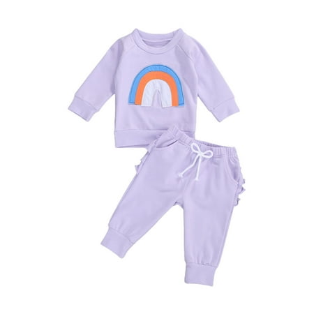 

Canis Baby Girl 2Pcs Autumn Clothes Sets Rainbow Long Sleeve Top Ruffle Pants