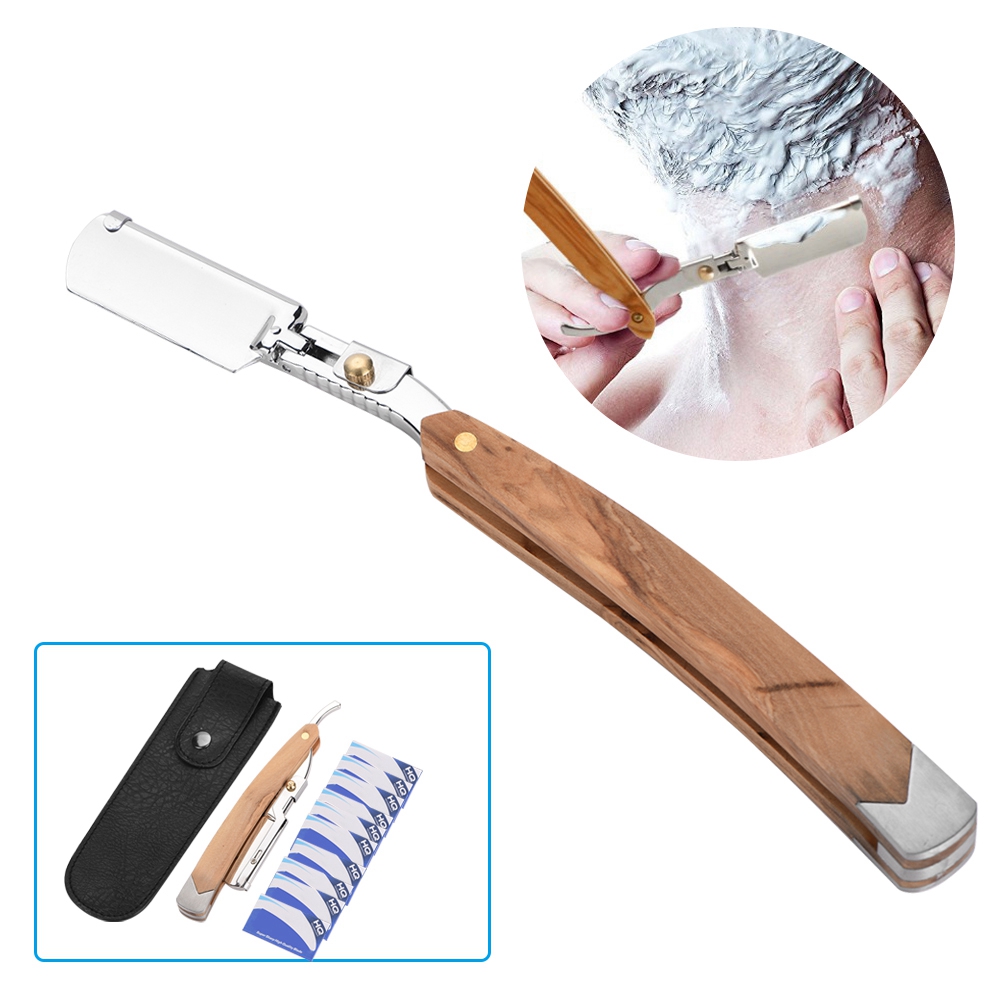 Tebru Folding Razor,Retro Wood Handle + 10pcs Blade Head Shaving Razor Folding Shaver Male Face