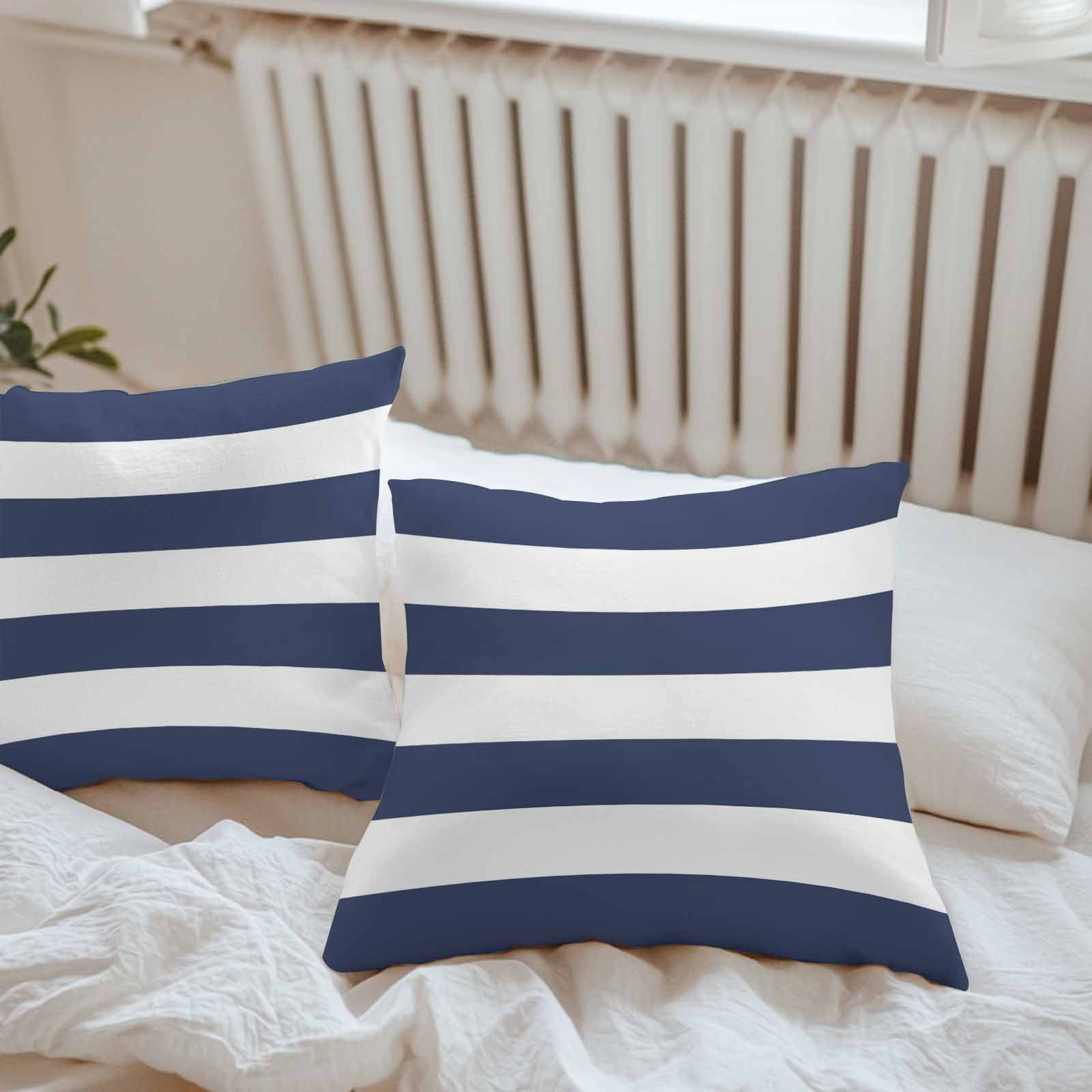 Outdoor Throw Pillows Covers 18X18 Set of 2 Waterproof Coastal Nautical Minimalist Striped Decorative Zippered Cushion Covers for Patio Furniture, Navy Blue White Lumbar Pillowcases