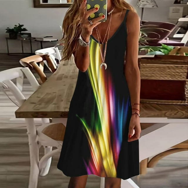 SMihono Robe d'Été pour Femmes Grande Taille Mode Robes pour Femmes Été Imprimé Décontracté Col en V Sans Manches Vacances Robe Courte