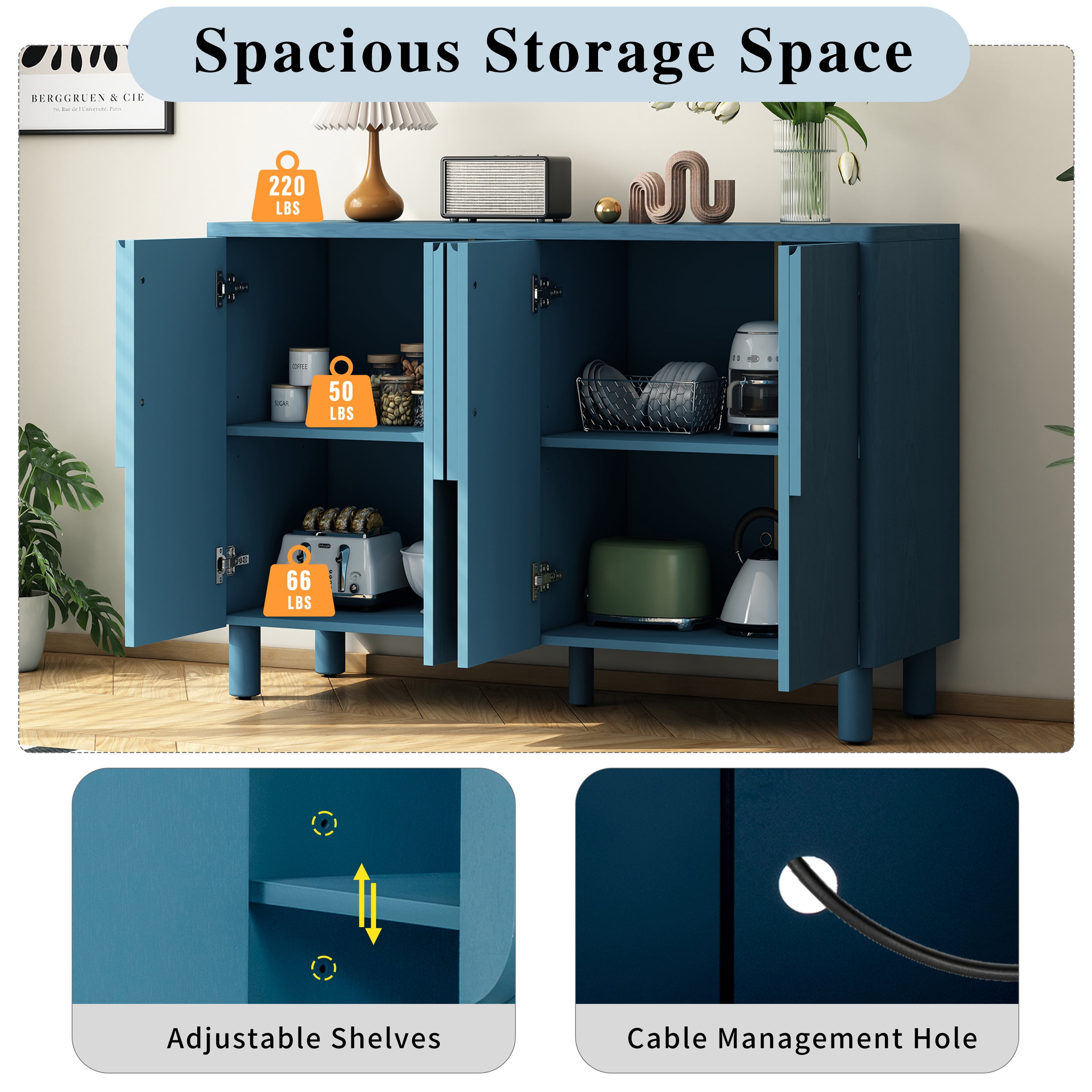 Euroco 47.8" Sideboard Buffet Cabinet,Modern Accent Storage Cabinets with 2 Adjustable Shelves for Dining Room,Kitchen,Navy