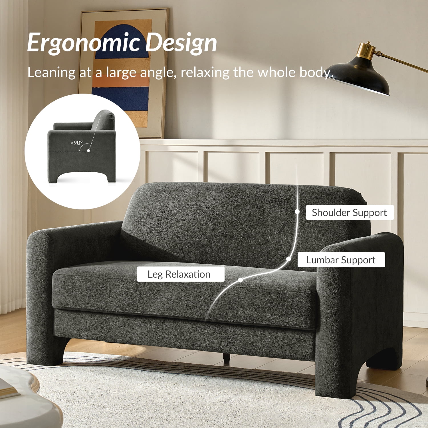 59" Modern Loveseat Sofa Chenille Fabric 2-Seater Couch with Curved Design for Small Space Living Room Gray