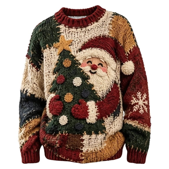 CONZONE Mens Christmas Sweaters Funny Santa Claus Embroidery Long Sleeve Knit Sweatshirt Crewneck Warm Fall Winter Pullover Knitwear