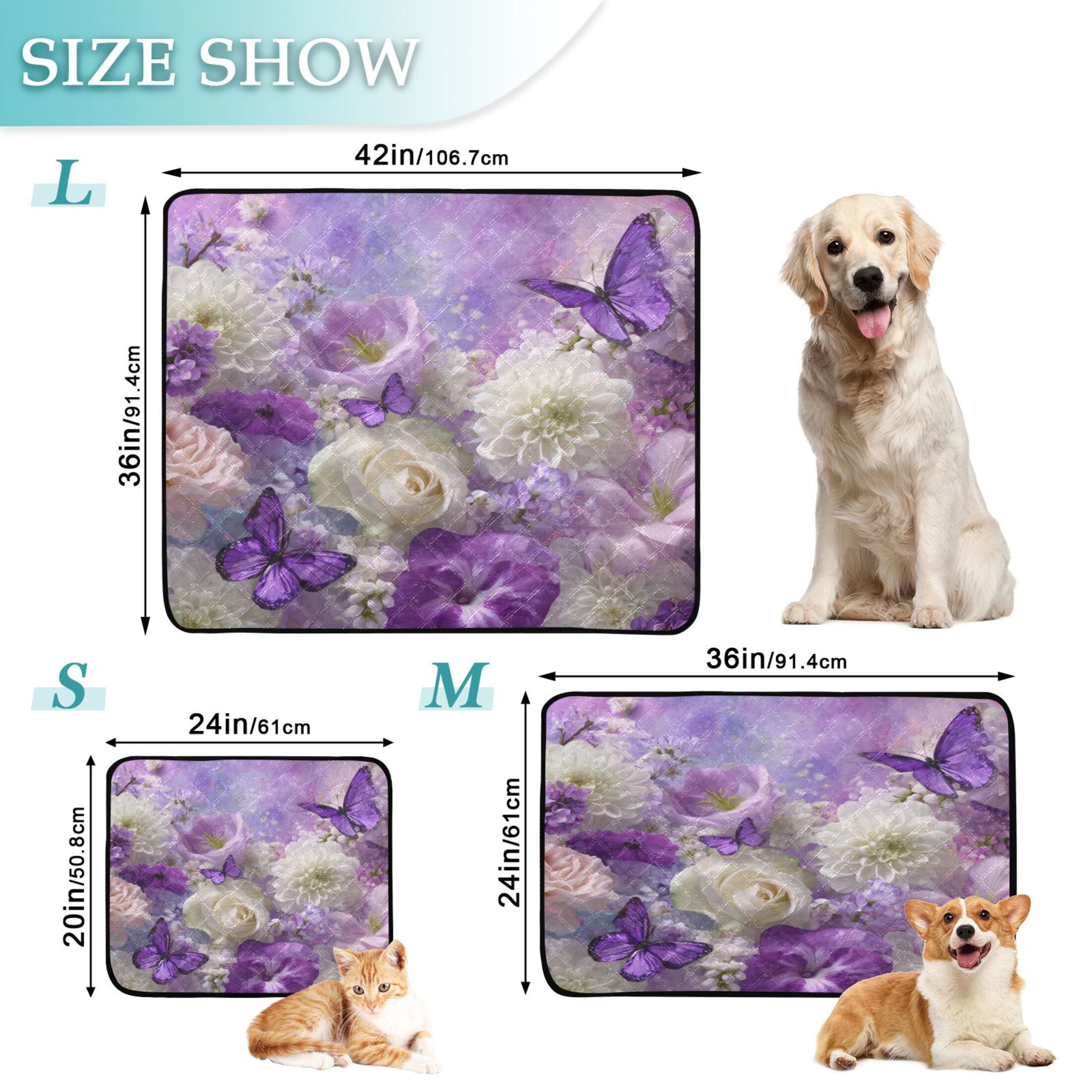 Qxltty Purple Butterfly Floral Cat litter Pads Pet Set of 3 Diaper Mats Center Anti-leakage Layer Absorbent Soft and Comfortable