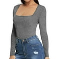 thumbnail image 5 of Women's Low-Neck Sexy Jumpsuit Set Long Sleeve Solid Tops Bodysuit Jumpsuit Long Sleeve Sexy Short Romper Suit, Solid Long Sleeve Square Neckline Tight Sexy Women's Jumpsuit Gray, 5 of 5
