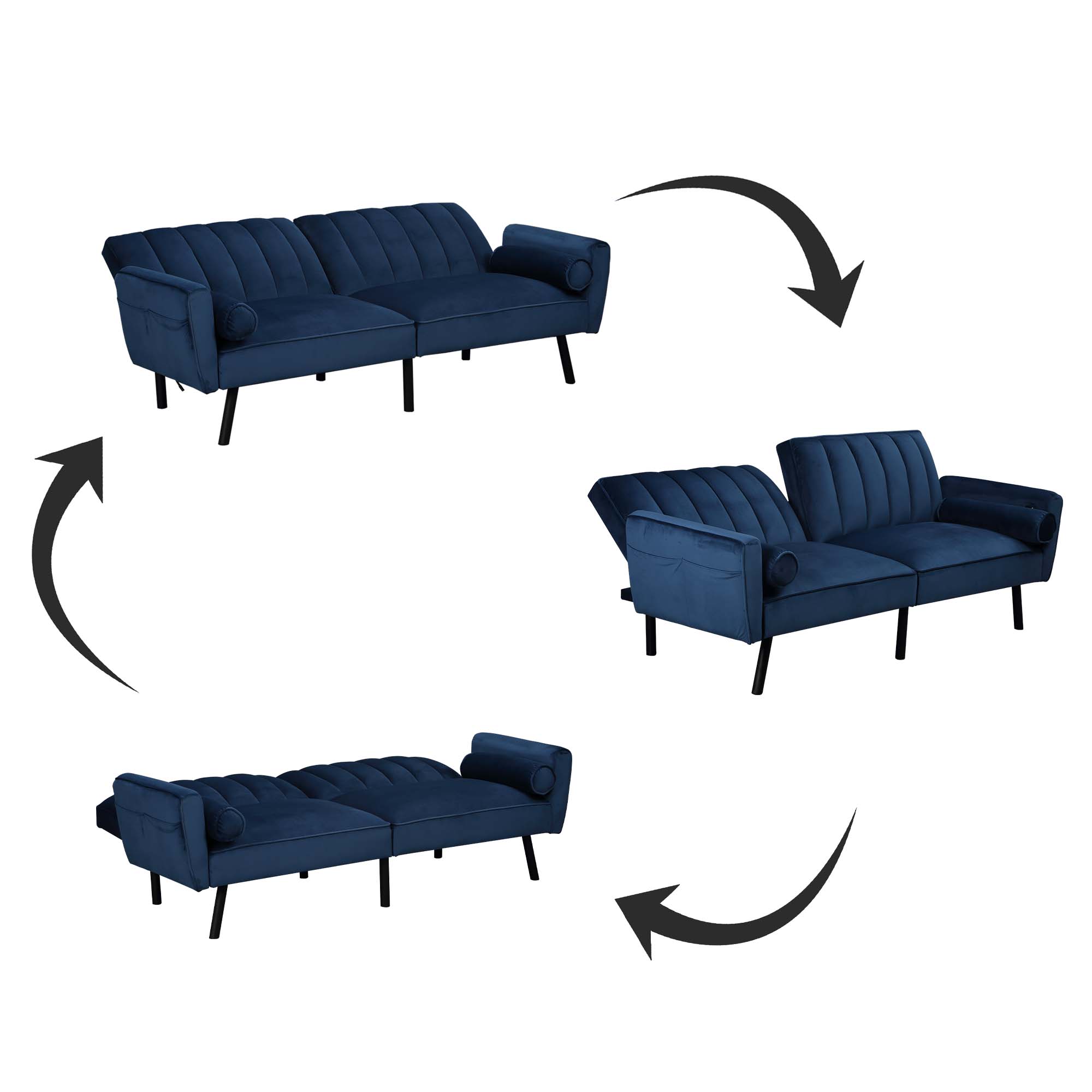 DURASPACE Futon Sofa Bed Couch Velvet Sofas with USB Charging Port Pillow Side Pocket Adjustable