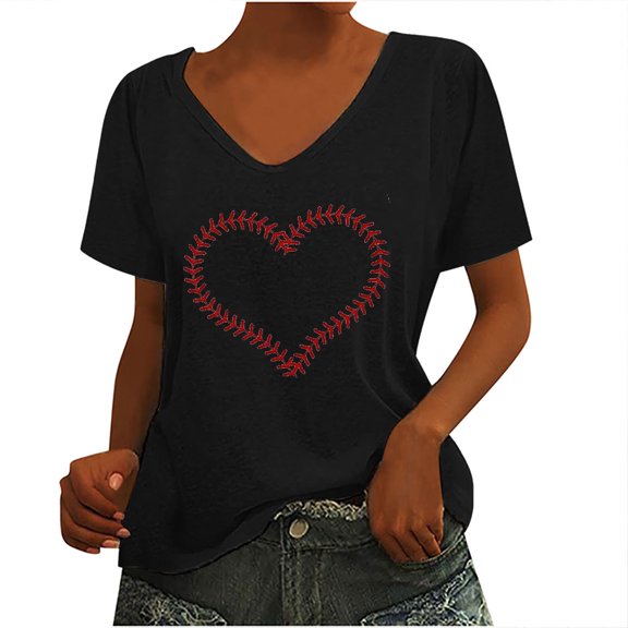 Wycnly Womens Shirts V-Neck Short Sleeve Heart Print Summer Cute Tops Fashion Graphics Loose Fit Breathable Pullover Blouses Black xxl Clearance Clothes