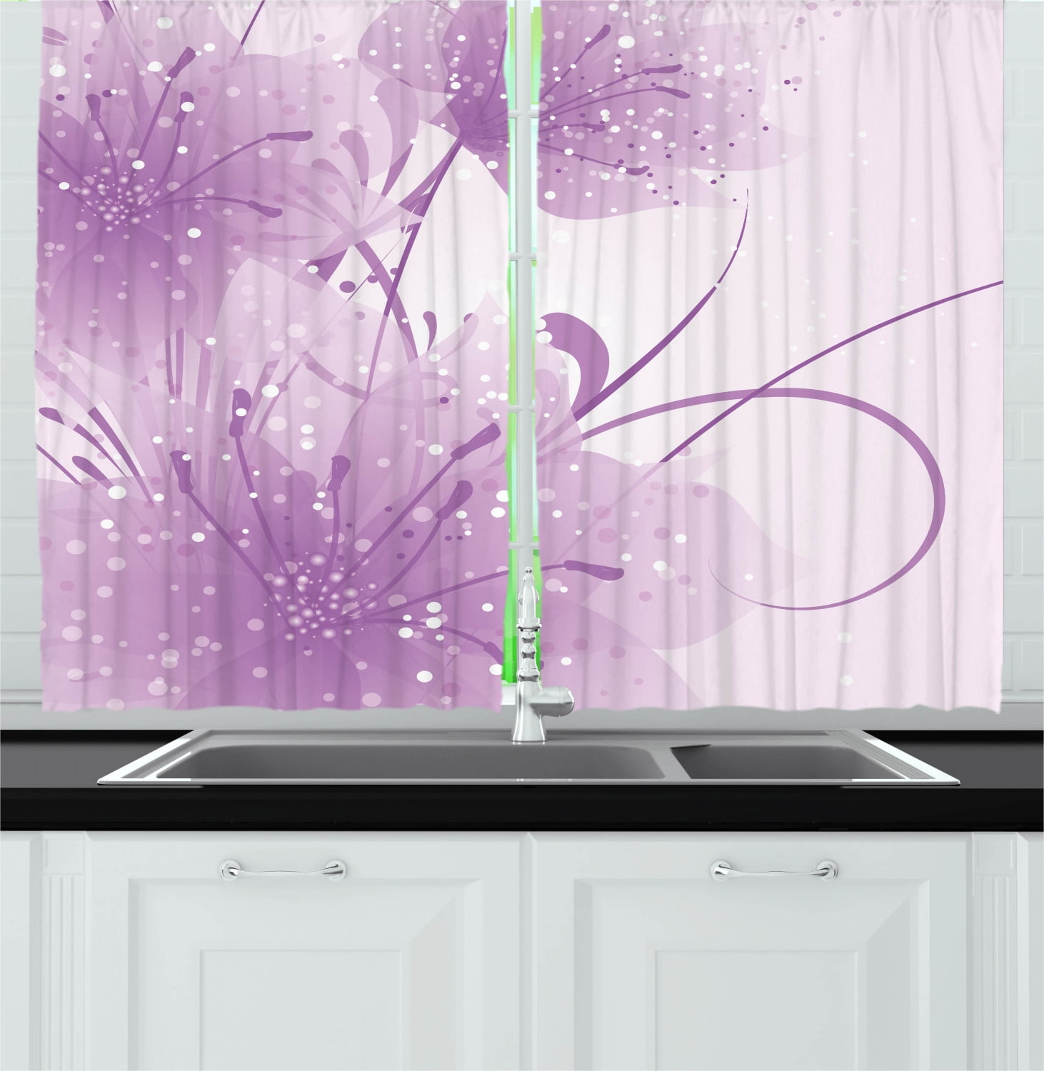 Purple Curtains 2 Panels Set, Abstract Art Style Vector Illustration of Flower Background with Butterfly, Window Drapes for Living Room Bedroom, 55W X 39L Inches, Violet and White, by Ambesonne