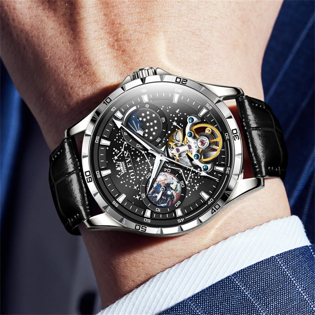 OLEVS Automatic Watches for Mens Starry Sky Skeleton Tourbillon Self Winding Mechanical Moon Phase Luminous Waterproof Luxury Dress Mens Wrist Watches Gifts Reloj Para Hombre Black/Blue/Green