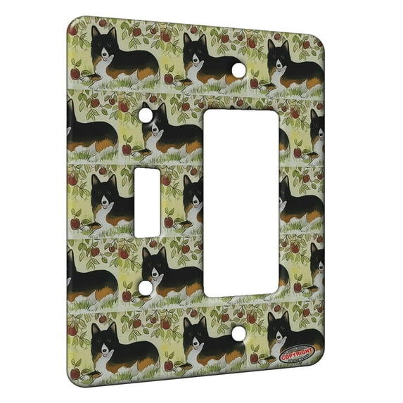 KuzmarK™ 2 Gang Single Toggle / Single Duplex Rocker Wall Plate - Black and Tan Welsh Corgi Under the Apple Tree Dog Modern Art by Denise Every