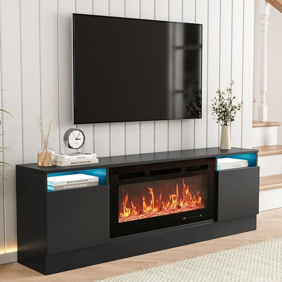 YUSAZENS TV Stand for 75" TV, TV Console Entertainment Center Television Table for Living Room, Bedroom, Compatible with 36" Electric Fireplace, Black(Not Included Fireplace)