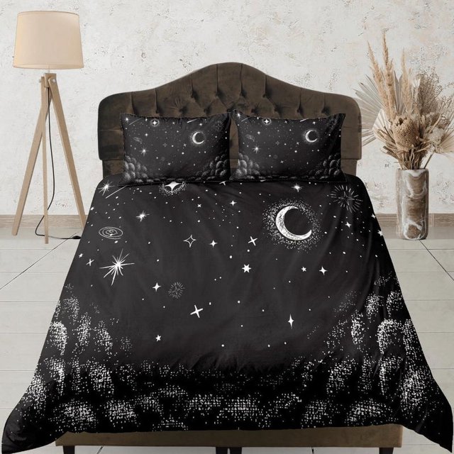 Luna Estrellas Galaxia Negro Funda Nórdica Colcha, Dormitorio Ropa de cama con funda de almohada