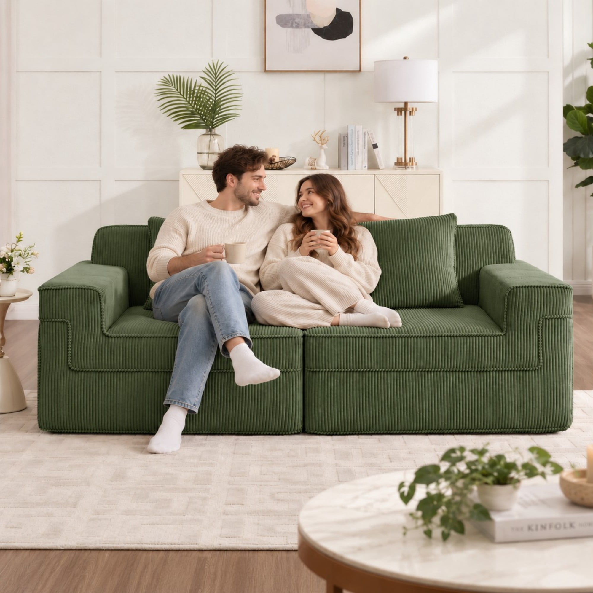 DEALTOPS 81" Modern Corduroy Floor Sofa, Modular 2-Seater Cloud Couch with Deep Seats & 2 Pillows, Green
