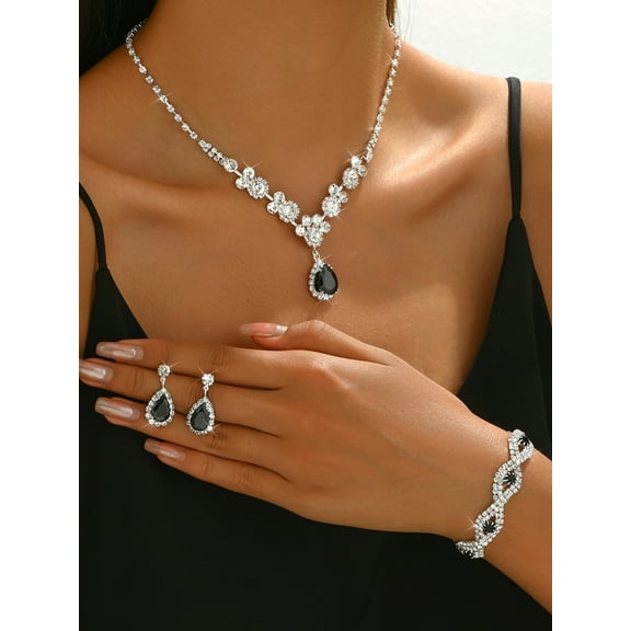 Top-keivon Rhinestone Bridal Wedding Jewelry Set Silver Necklace Earrings Sets Crystal Formal Prom Costume Jewelry Sets for Women and Brides