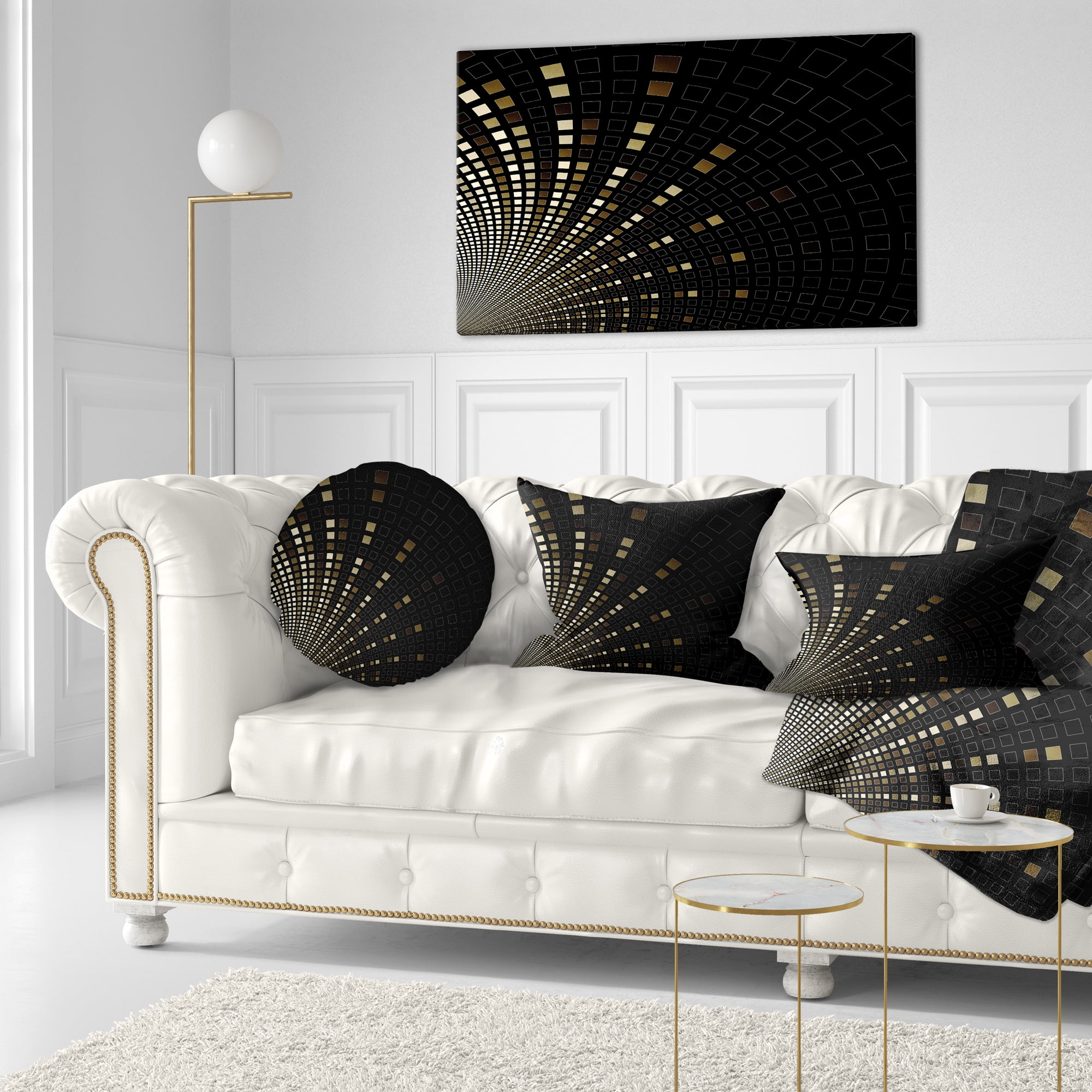 Designart Gold Square Pixel Mosaic on Black - Abstract Throw Pillow - 12x20