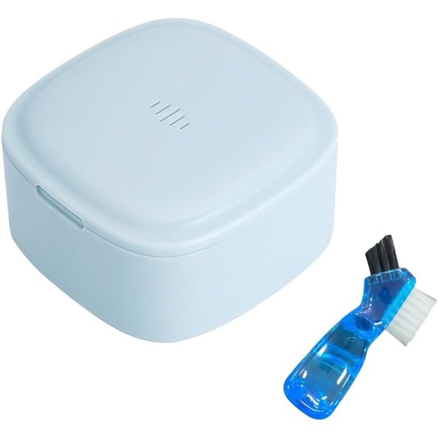 Stylish Denture Case with Vent Holes, Denture Bath Cup with Brush, Denture Box for Soaking & Cleaning, Large Container for Retainers and Aligners (Pastel Blue)