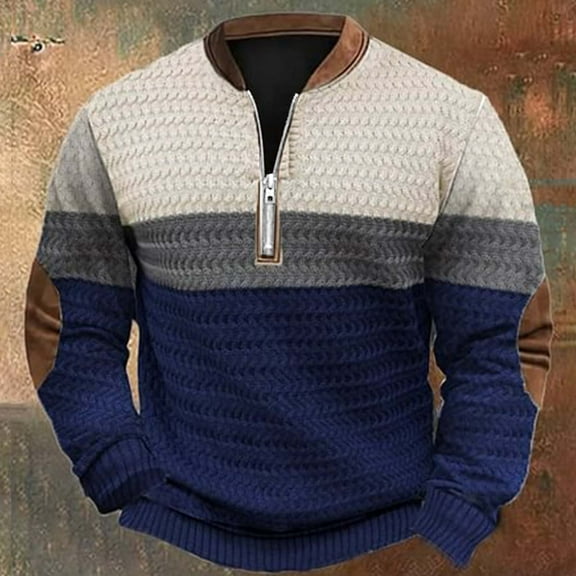 Hifoo Sweatshirt 2025 Autumn Pullover/Winter Men's Fashion Large Size Casual Patchwork Print Knitted Sweater Fabric Half Zip Round Neck Hoodie Long Sleeve Breathable Dailywear