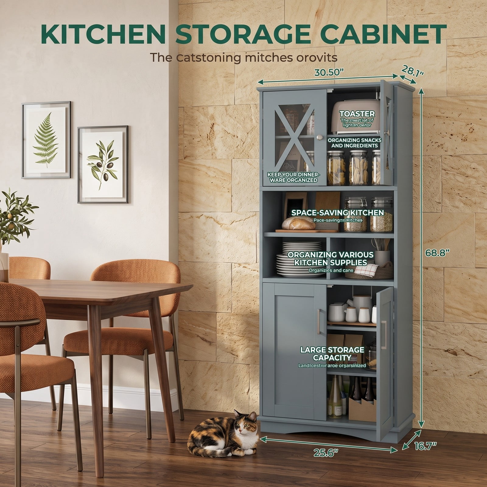 ALPULON Tall Bathroom Storage Cabinet, Freestanding Floor Linen Tower with Acrylic Doors, 3 Adjustable Shelves and 3 Open Cubes, MDF Organizer for Bathroom, Gray