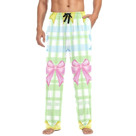 Cotton Mens PJ Pajama Pants Bottoms Waistband Sleepwear with Pockets Cute Bows and Plaid