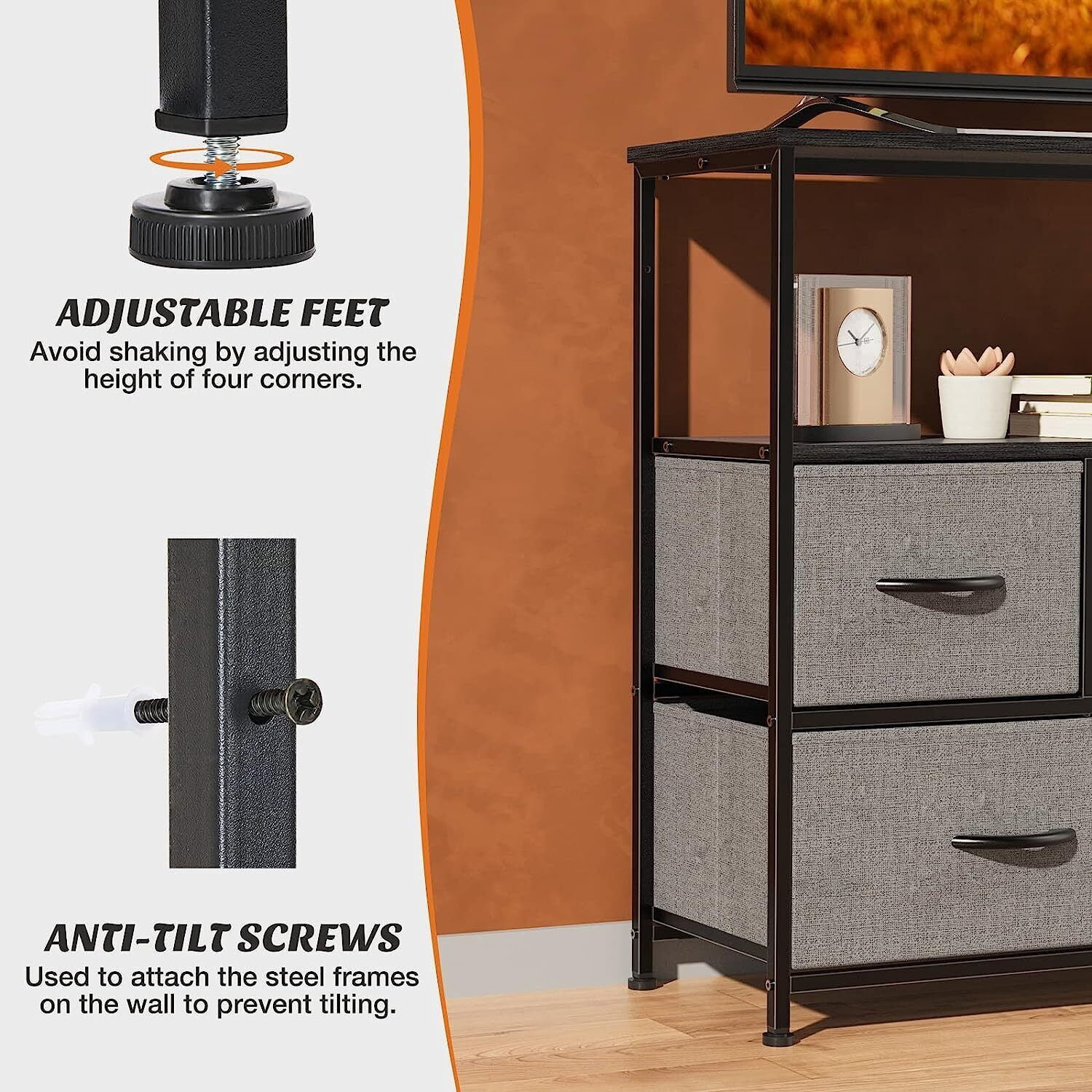 Nextay TV Stand Dresser with 5 Fabric Drawers, Small Media Console with Open Shelf for 45-Inch TV, Storage Organizer for Bedroom, Dorm, or Living Room