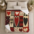 thumbnail image 5 of Rustic Buffalo Plaid Hearts Patchwork Design Cream Black, Playful Artistic Scene, Warm Flannel Blanket for Ranch House and Living Room, Animal Lovers Valentine's Day Gift, Artistic Home Decor, 5 of 9