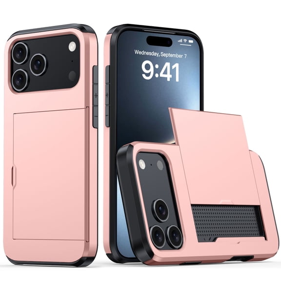 for iPhone 17 Pro Case Wallet with Card Holder (4 Cards) [RFID Blocking] & Slide Camera Cover, Military Grade Drop Protection, Rugged Back & Silicone Edge Phone Case 6.3" 5G 2025, Rose Gold