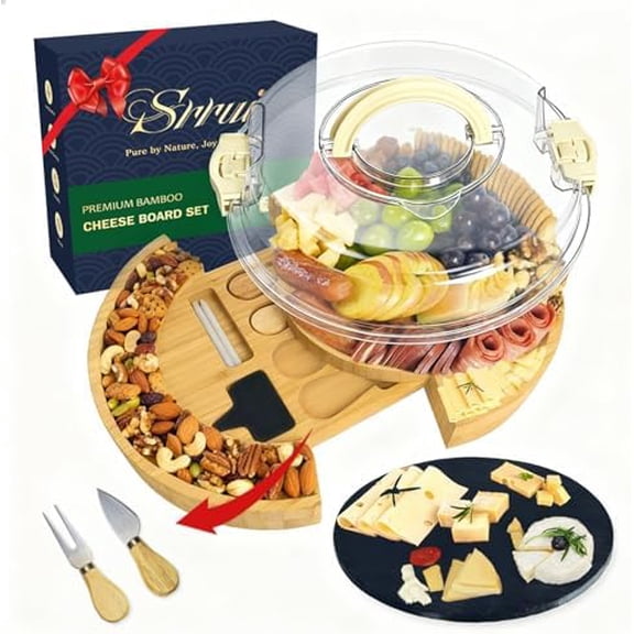 CharcuteriE bOARD WITH lID gIFT sET -pORTABLE bAMBOO cHEESE bOARD sET,tRAVEL rOUND tRAY WITH lOCKING lID FOR pICNIC, pARTY sNACKS, wEDDING & hOUSEWARMING & kITCHEN gIFTS FOR wOMEN