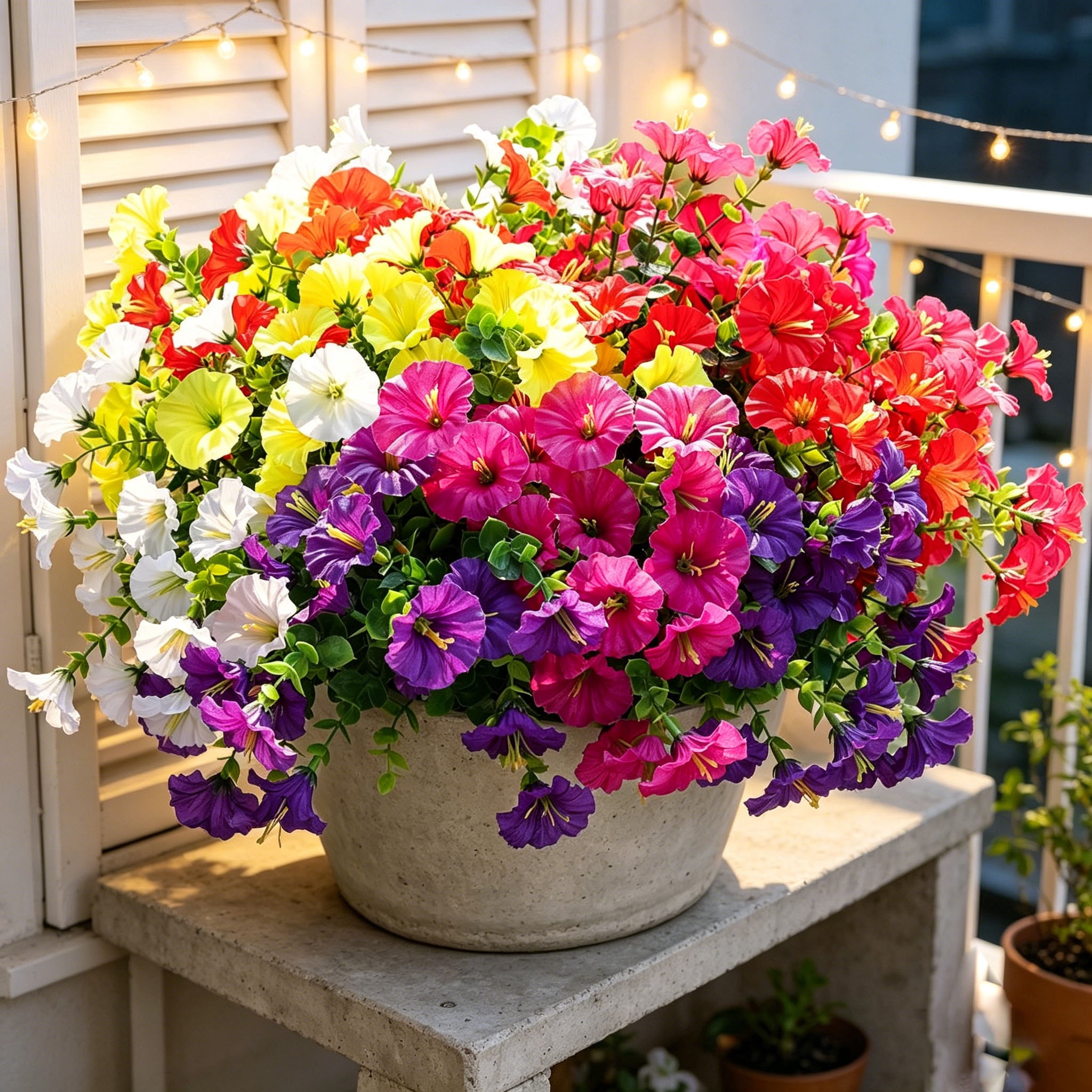 Artificial Flowers for Outdoors Fake Plants Outside Decoration, 12 Bundles Silk Colorful Morning Glory with Eucalyptus UV Resistant Realistic Faux Flowers for Planter Front Door Garden Yard