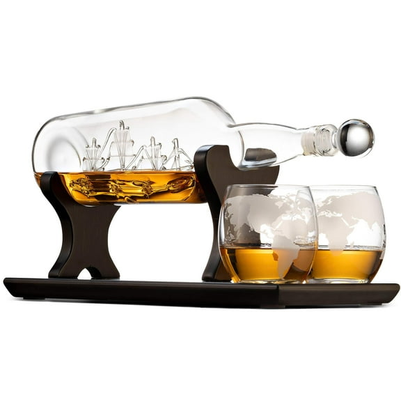 Godinger Ship In A Bottle Whiskey Decanter and Whiskey Glasses Bar Set, for Liquor Scotch Bourbon, Gifts for Men Clear