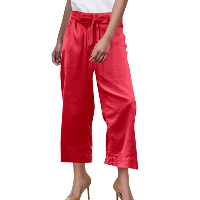 Ladies Casual Pants Linen High Waisted Drawstring Culotte Elastic Waist Cropped Capri With Pockets Woman Pants Red M