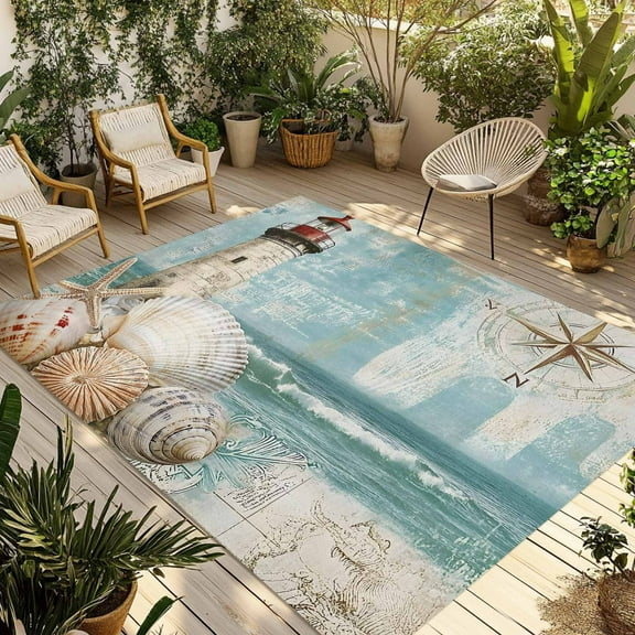 Fsddascl Coastal Nautical Outdoor Rug for Patio/Deck/Porch, Non-Slip Large Area Rug 4 x 6 Ft, Summer Beach Wave Starfish Shell Indoor Outdoor Rugs Washable Area Rugs, Reversible Camping Rug Carpet