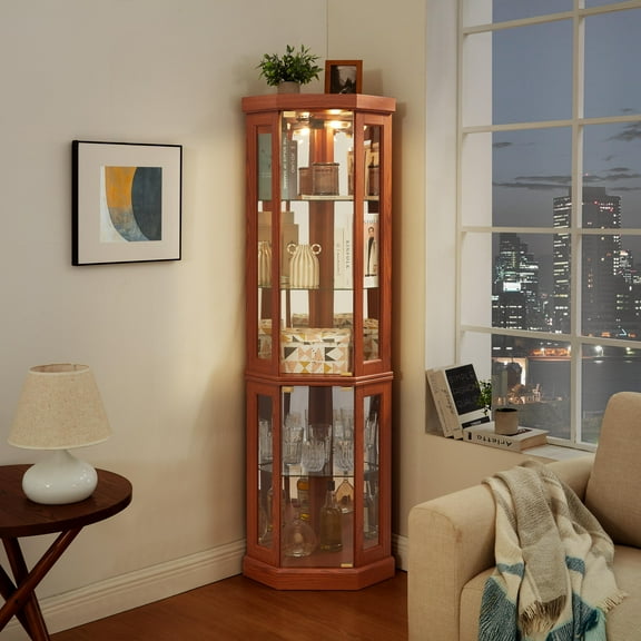 70" H Lighted Corner Curio Cabinet, Glass Display Cage with Tempered Glass Doors and 5 Adjustable Shelves, Corner Display Cabinet, Wine Cabinet Storage Rack, Bar Glass Storage, Light Included