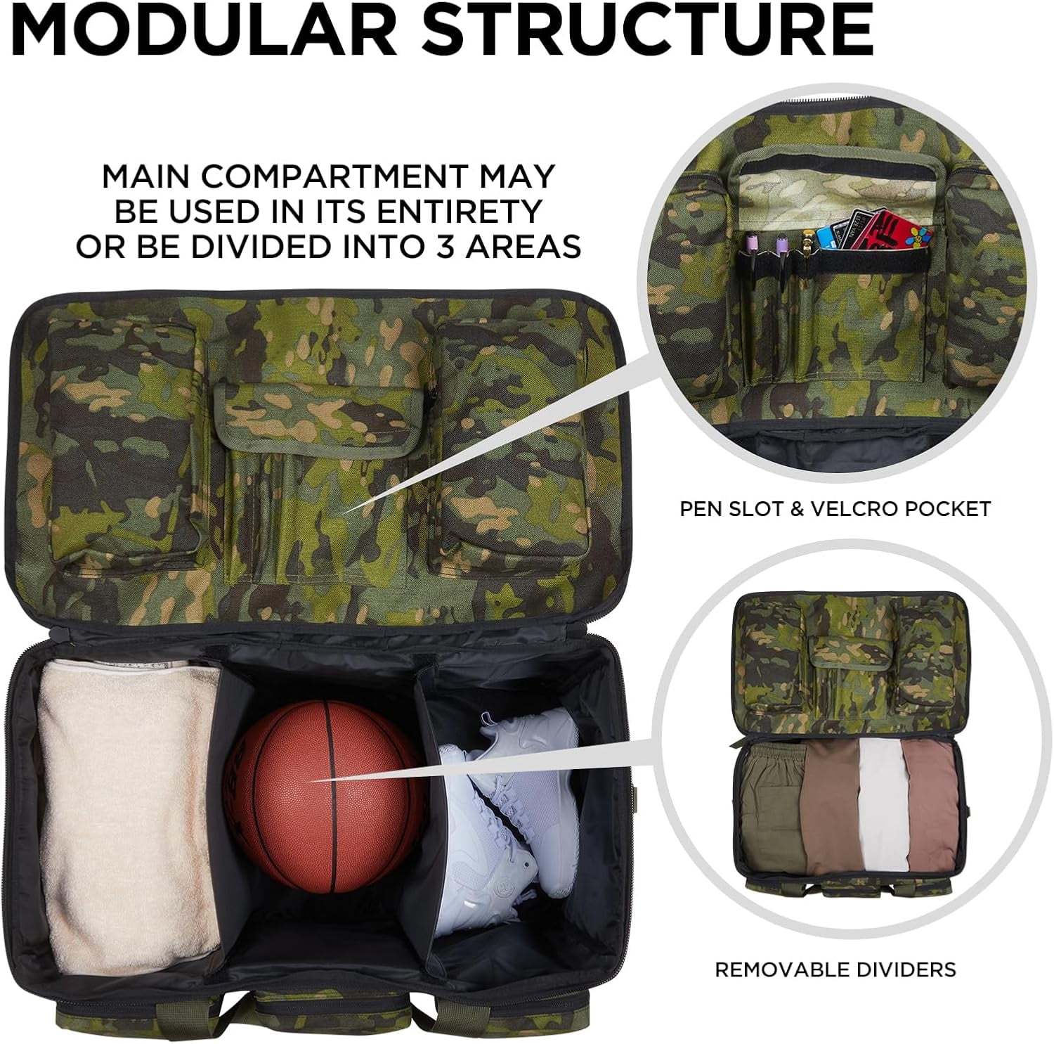 LuckySunDecorQZ 55L luggage bag with compartments and straps, suitable for men, large-sized sports and fitness luggage bag, suitable for weekend travel and camping(Camo Green)