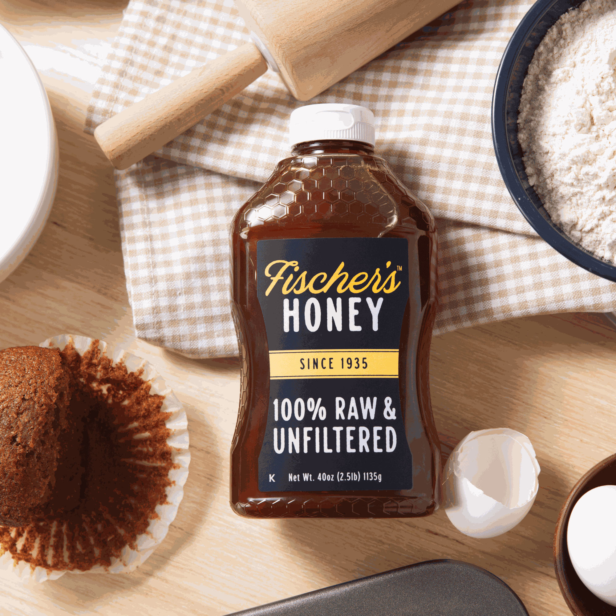 (3 pack) Fischers Honey 40oz Raw & Unfiltered, Pure, Premium, Raw Honey, Squeeze Bottle
