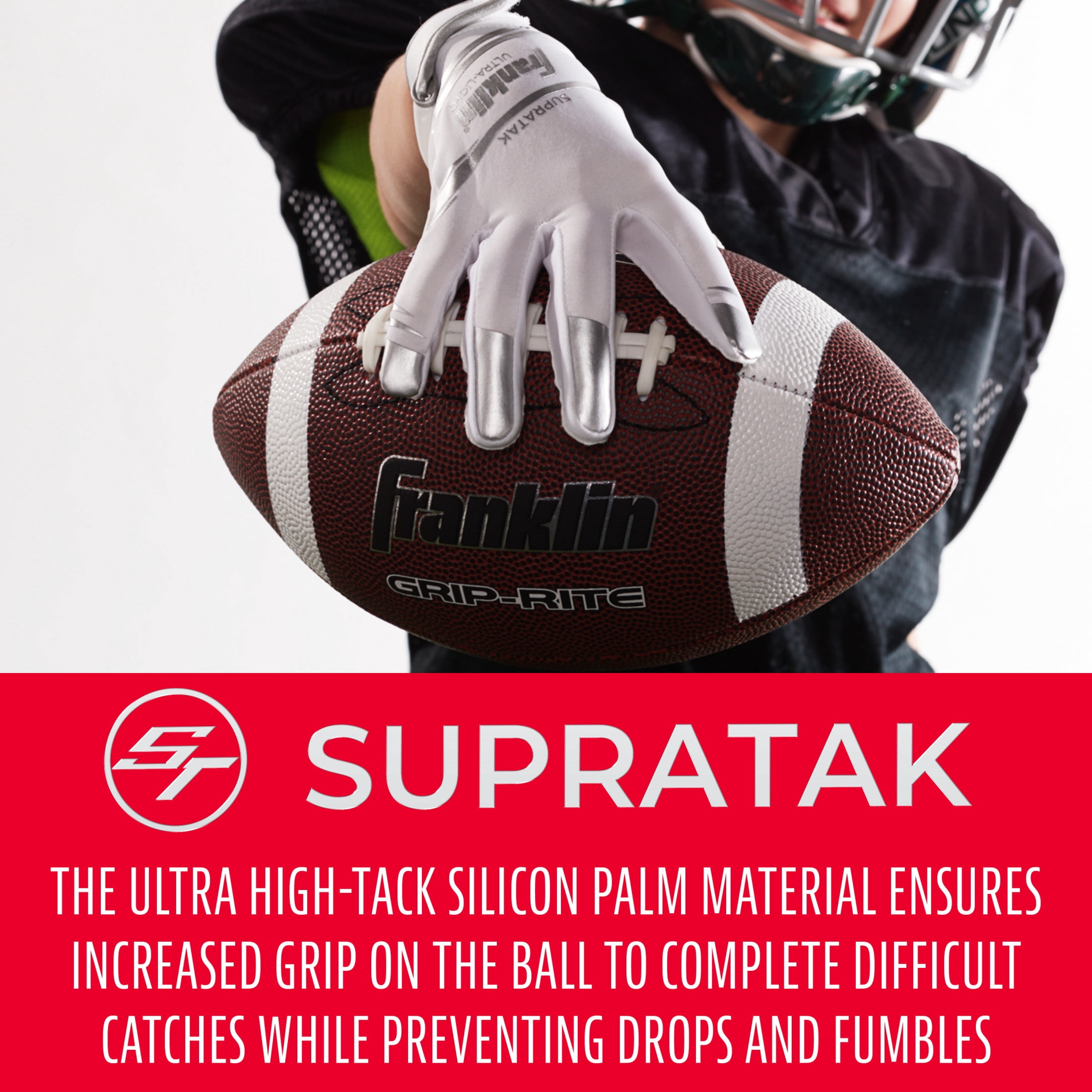Franklin Sports Supratak Football Receiver Gloves - White/Chrome - Adult Large