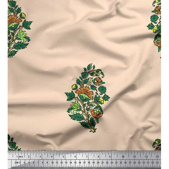 Soimoi Rayon Fabric Leaves & Floral Block Print Sewing Fabric Yard 42 Inch Wide
