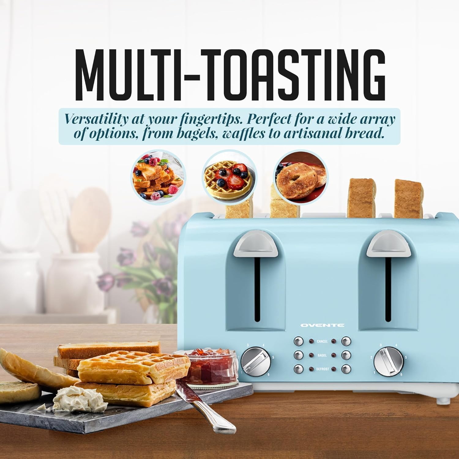 OVENTE Electric 4-Slice Toaster Machine with 6-Shade Selector Setting, Cancel Button, Defrost Function, Crumb Tray, 1400W Power and Wide Slots for Bagels, Waffles and Puff Pastry Light Blue TS4410LBL