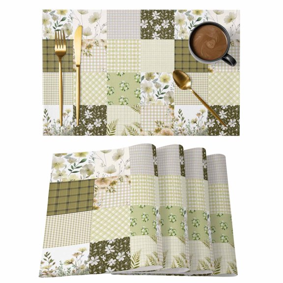 Spring Floral Placemats Set of 6, Yellow Flowers Botanical Patchwork Grid Bohemia Placemats for Dining Table, Place Mats for Kitchen Tabletop, Waterproof Wipeable Dining Table Mats Set