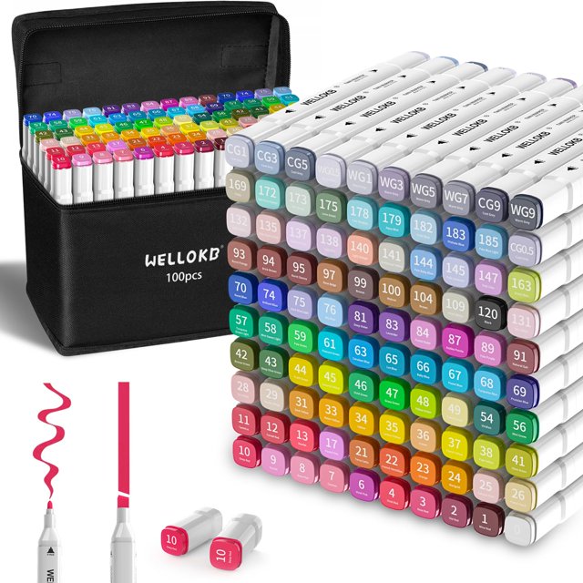 Marcadores de alcohol WELLOKB, 100 colores, diseño de doble punta con estuche