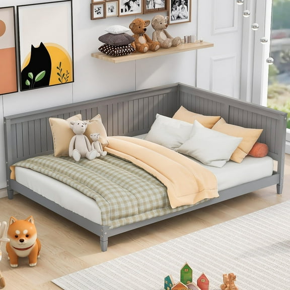 Sesslife Full Daybed Frame, Gray Solid Wood Daybed with Strong Wooden Slats, No Box Spring Needed, Full Size Sofa Bed L-shape Daybed, 600lbs Capacity