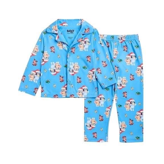 Bluey and Bingo Toddler Boy's Christmas Blue Print Flannel Coat Pajama Set, Size 4T